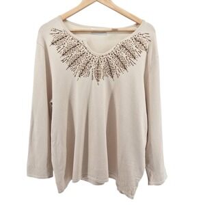 Alfred Dunner Embellished Knit Sweater Sz Large Beige Beaded Detail Bling Boho